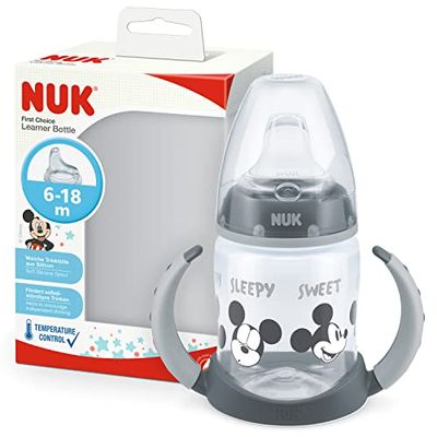 NUK Disney Mickey First Choice+ drinkfles, 6-18 maanden, 150 ml (1 pak), anti-kolic-ventiel, lekvrije drinksnavel, ergonomische handgrepen, BPA-vrij,1 stuk (pak van 1) grijs