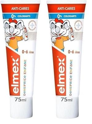 Elmex Dentifrice Bébé et jeune enfant, protège les dents de lait, anti-caries, 0 colorants - Dès le premier brossage - 0-6 Ans, 75ml (Lot de 2)