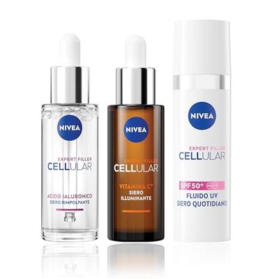 NIVEA Cellular Expert Skincare Kit, Set skincare completo con Siero Viso Acido Ialuronico Rimpolpante 30 ml, Siero Vitamina C Illuminante 30 ml e Fluido UV Quotidiano SPF50+ per layering