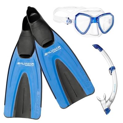 SALVIMAR, Tris snorkelmasker Morpheus Adulto siliconen + Snorkel Time Splash + Nobilis zwemvliezen, blauw, 44/45
