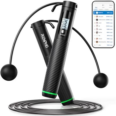 RENPHO Smart springtouw met teller, verstelbare draadloze springtouwen, APP-gegevensanalyse, snelheidsspringtouw voor fitness, trainingsapparatuur voor dames, heren, kinderen, crossfit, gym, MMA
