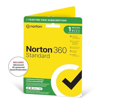 Norton 360 Standard 2025, Antivirus software for 1 Device and 1-year subscription with automatic renewal, Includes Secure VPN and Password Manager, PC/Mac/iOS/Android, Activation Code by Post