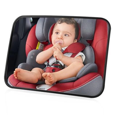 NEUTYPECHIC Miroir Voiture Bébé, 100% Incassable Retroviseur Voiture Bebe, Grand Miroir Bebe Voiture avec Sangles Ajustables, Vision Claire de L'Arrière pour Auto Siège Arrière Appui Tête, Noir