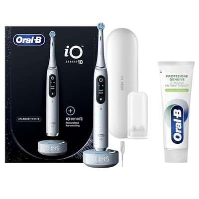 Oral-B Spazzolino Elettrico Ricaricabile iO 10 Bianco con Caricatore iO Sense, 1 Spazzolino + Dentifricio Protezione Gengive Pulizia Profonda 75ml