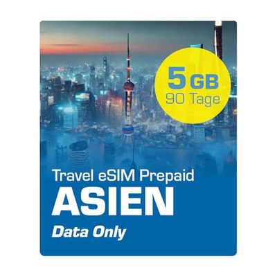 Simmetry Asia gegevens eSIM, 5 GB, 90 dagen, compatibel met eSIM-compatibele iOS- en Android-apparaten, hotspot sharing toegestaan, ideaal voor lange reizen of langdurig gebruik.