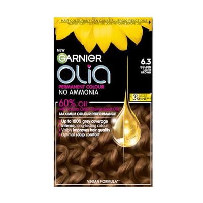 Garnier Olia Permanent Hair Dye, No Ammonia, Full Grey Coverage, Long-lasting Colour & Shine, Vegan Formula, Colour: 6.3 Golden Light Brown, 230g