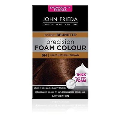 John Frieda Precision Foam Colour 6N, Salon Finish Hair Dye, 100 Percent Grey Coverage, Light Natural Brown