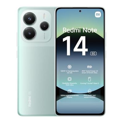 Smartphone Xiaomi Redmi Note 14 5G, 8+256GB, Sistema fotografico AI da 108MP, batteria da 5110mAh, display con tecnologia Eye-Care da 120Hz, funzionalità AI (caricabatterie non incluso), Verde