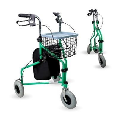 Mobiclinic®, Foldable Walker, 3 Wheels, Caleta, Basket with lid and Bag, Brakes on Handles, Height Adjustable, Spanish Brand, Lightweight, manoeuvrable Structure, Small Wheels, Green