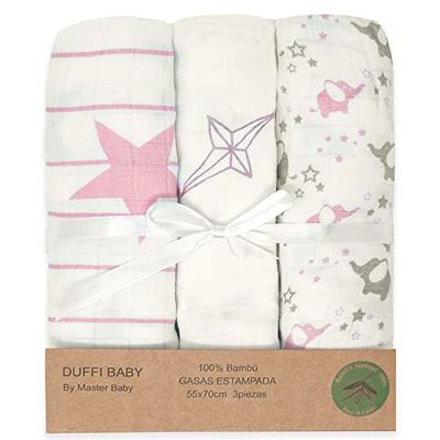 Duffi Baby - Confezione da 3 garze per bebè in bambù stampate, set di tre garze per neonati rettangolari 55 x 70 cm, coperta estiva per bebè 100% bambù morbido. Asciugamani per neonati - Colore rosa 0787-06