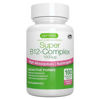 Vitamine B12 1000 mcg Sublinguale, Méthycobalamine et Adénosylcobalamine Méthylée, 180 Petits Comprimés, 1 par jour, Haute Absorption, Sans Sucre, Arôme Naturel de Fraise & Vegan, par Igennus