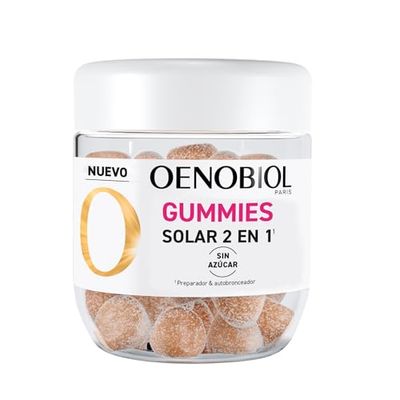 OENOBIOL - GUMMIES SOLAR 2 EN 1 - Protector Celular- Autobronceador - Rostro y Cuerpo - Sabor Natural Fresa, limón - Sin azúcar - Complemento alimenticio - Vegano - 60 gominolas 1 mes