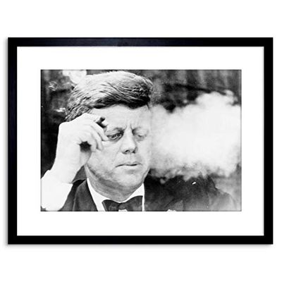 Wee Blue Coo 9x7 '' VINTAGE PHOTO B&W JFK KENNEDY SMOKING CIGAR FRAMED ART PRINT F97X1714