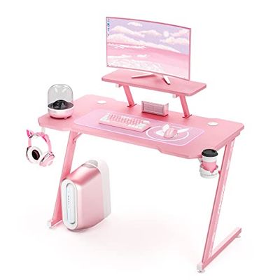 Intimate WM Heart Gaming Bureau, grote ergonomische gaming computer bureau, koolstofvezel tafelblad E-Sports bureau met verstelbare monitor plank, draaibare oortelefoon, beker, handvat houders, roze