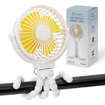 CUQOO Mini Portable Pram Fan - Rechargeable Octopus Fan for Strollers with 3 Adjustable Speed, Flexible Tripod Fan for Car Seats, Cribs, Office Room, Treadmills, Gym, and Travel - White