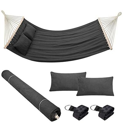 Bakaji Amaca da Giardino Doppia 2 Posti 232 x 148 cm Barre Trasversali in Legno Rivestimento in Poli Cotone con 2 Cuscini e Cinghie Design Moderno Per Giardino Terrazzo Campeggio (Antracite)
