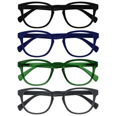 OPULIZE Pop Reading Glasses 4 Pack Fun Round Matt Frame Black Blue Moss Green Grey Spring Hinges Scratch Resistant Mens Womens RRRR2-1367 +1.50