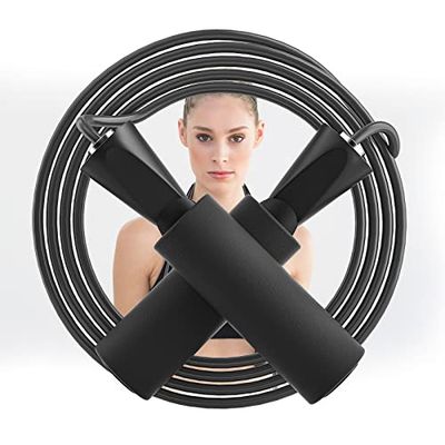 hvoolee Cuerda de saltar para fitness, resistencia y adelgazamiento, ideal para boxeo, entrenamiento a intervalos, deportes, entrenamiento, adecuada para niños y adultos, BK001, negro