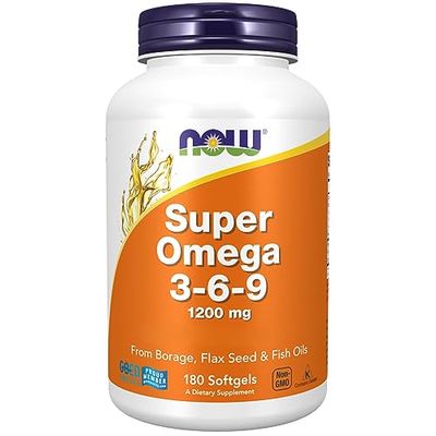 Now Foods, Super Omega 3-6-9, 1200mg, avec Huile de Bourrache, Huile de Poisson et Huile de Graines de Lin, Haute Dosé, 180 Capsules molles, Testé en Laboratoire, Sans Soja, Sans Gluten, Sans OGM