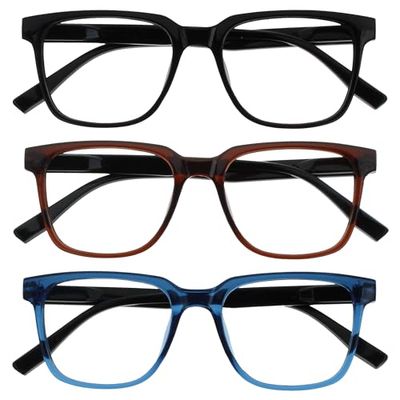 OPULIZE LEO Gafas de Lectura - Pack de 3 - Montura Rectangular Grande - Negro, Marrón, Azul - Hombre Mujer - Bisagras de Muelle - RRR55-123 - +1.00