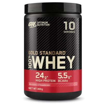 Optimum Nutrition Gold Standard 100% Whey Muscle Building and Recovery Protein Powder with Naturally Occurring Glutamine and BCAA Amino Acids, Delicious Strawberry Flavour, 10 Servings, 300g