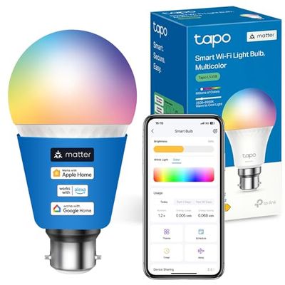 Tapo L535B B22 Smart Bulb, Alexa Light Bulb, Extra Bright Smart Light Bulb, Matter-Certified, Multicolour, Dimmable, 8.6W (75W), Schedule & Timer,Energy Monitoring, Works with Alexa & Google