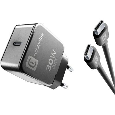 Cellularline - Charger Kit 30W Power Delivery - Caricatore USB-C e Cavo USB-C - Carica i dispositivi Google, Motorola e tutti i Brand compatibili con la carica 30W - Cavo lungo 1 metro - Nero