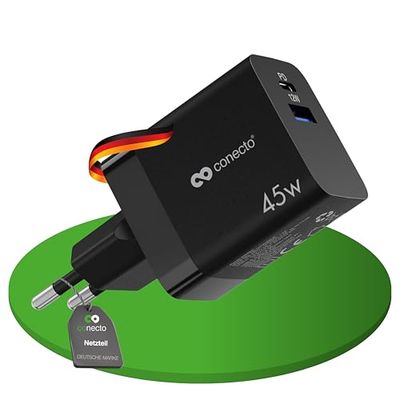 conecto USB-C-laddare, USB-strömförsörjning, 2 portar, 1 x USB-C 45 watt max PD, 1 x USB A 12 watt max., snabbladdare GAN, svart