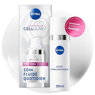 NIVEA Cellular Expert Filler Soin Fluide anti-UV quotidien SPF 50+ (1x 30 ml) — Soin visage enrichi en Acide Hyaluronique pur et Licochalcone A — Fluide Anti-âge hydratant