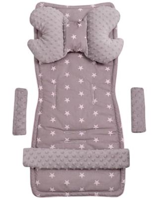 Medi Partners Coussin universel pour le siège et la poussette 5 pièces insert de poussette superposition pour ceintures + pour le serre-tête Minky Coton (Étoiles blanches sur gris avec gris Minky)