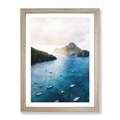 Boats In El Nido In The Philippines Painting Modern Framed Wall Art Print, Ready to Hang Picture for Living Room Bedroom Home Office Décor, Oak A2 (64 x 46 cm)