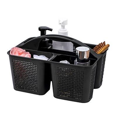 UUJOLY Panier de douche portable en plastique, panier de douche de nettoyage avec compartiments à poignée, panier de rangement pour salle de bain, cuisine, université, dortoir, évier, noir