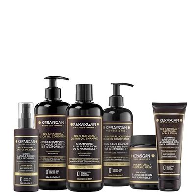 Kerargan - Kit Completo Anti-Caduta all'Olio di Ricino Per Capelli Secchi, Fragili - Favorisce la Crescita - Senza Solfati, Parabeni, Siliconi - 3x500ml + 100ml + 350ml + 250ml