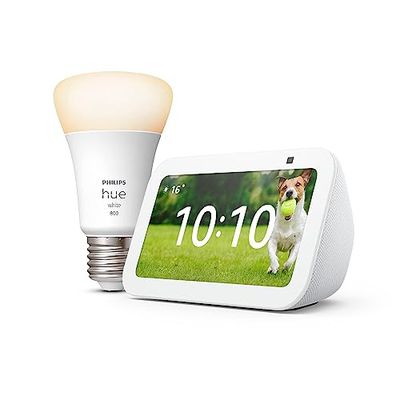 Echo Show 5 (3ª generazione) | Bianco + Philips Hue White Lampadina LED Smart (E27), compatibile con Alexa - Kit di base per Casa Intelligente