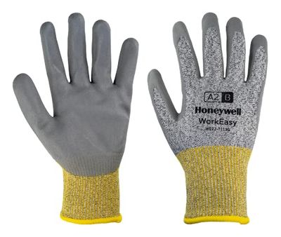 Honeywell WorkEasy Cut säkerhetshandskar WE22-7113G, snittnivå A2/B, färg gul/grå, lätt, glasfiberstickad, medelgrå polyuretanbeläggning, storlek 6/XS (förpackning med 10 par)