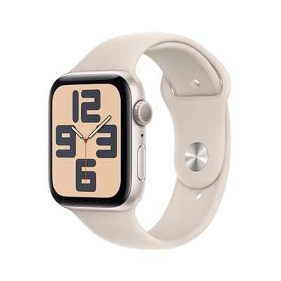 Apple Watch SE (2e generatie, 2023) (GPS 44 mm) Smartwatch - Kast van sterrenlicht aluminium - Sterrenlicht sportbandje S/M. Conditie en slaap bijhouden, ongelukdetectie, hartritme monitoren