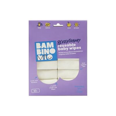 Bambino Mio, Lingettes bébé lavables Extra+, Saines, Zéro déchet, Deux utilisations, Lot de 10, Neige - L'emballage peut varier