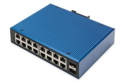 DIGITUS Switch industriale a 18 porte Gigabit Ethernet - Non gestito - 16 porte RJ45 + 2 porte SFP - 10/100/1000 Mbps - Montaggio su guida DIN - Classe di protezione IP40 - blu/nero