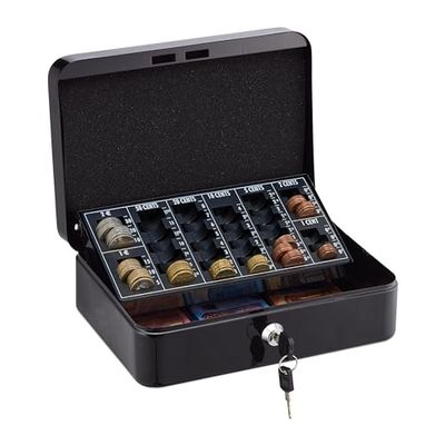 Relaxdays Cash Box Lockable, Coin Counting Board, Note Compartments, 2 Keys, Steel & Plastic, HWD: 9 x 25 x 18 cm, Black, Iron