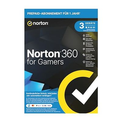 Norton 360 for Gamers 2021, Cyber Security for PC Gamers, Subscription with Auto Extension | 3 Devices | 1 Year | PC/Mac/Android | Download | Activation Code in Original Packaging