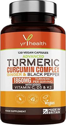 Turmeric Capsules High Strength 1860mg with Black Pepper, Ginger, Vitamin C & D for Immune System & Joints Plus K2 Mk7-120 Vegan Capsules Premium Turmeric Curcumin – Made in The UK by YrHealth