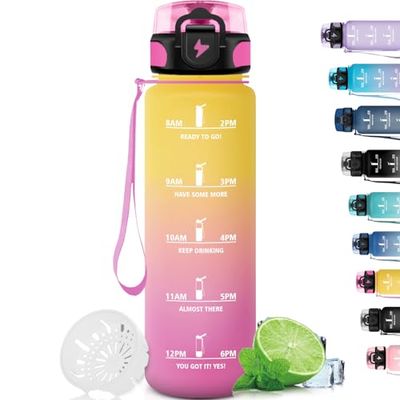 Grsta Borraccia, Borraccia Palestra Senza Perdite, Borraccia Filtrante con Scala Temporale, Borraccia Motivazionale, Facile da Trasportare, Borraccia Plastica 1 Litro, per Sport, Trekking, Fitness
