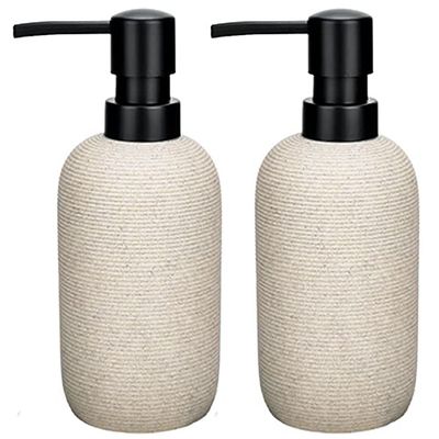 Lot de 2 distributeurs de Savon Liquide en résine texturée grès pour comptoir de Salle de Bain et de Cuisine, Beige Mat