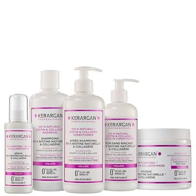 Kerargan - Ensemble Volumisant Shampoing, Après-shampoing, Masque, Sérum & Leave-In Biotine & Collagène - pour Cheveux Plats, Fins et Ternes - Sans Sulfate, OGM, Silicone - 3x500ml+1x100ml+1x350ml