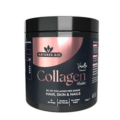 Natures Aid Collagen Shake Powder 8000 mg, Premium High Strength Hydrolysed Bovine Collagen Peptides with Added Hyaluronic Acid Selenium Biotin and Vitamin C, Vanilla, 225 g