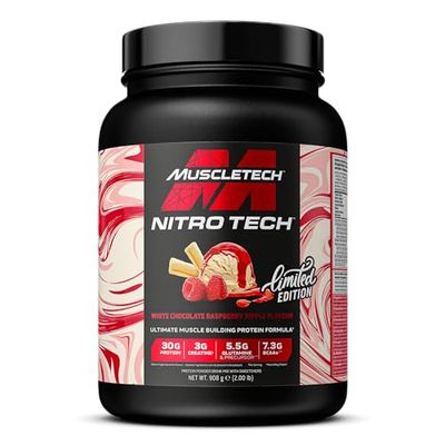 MuscleTech NitroTech Whey Protein Powder, Muscle Maintenance & Growth, Whey Isolate Protein Powder With 3g Creatine, Protien Shake For Men & Women, 7.3g BCAA, 20 Servings, 908g, Raspberry Ripple