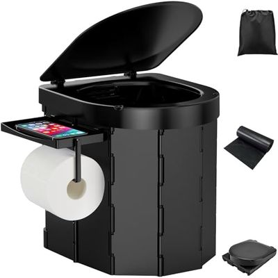 PAHTTO Inodoro portátil para camping, inodoro plegable para adultos con estante desmontable para teléfono y soporte para papel higiénico, orinal Porta con tapa (negro)