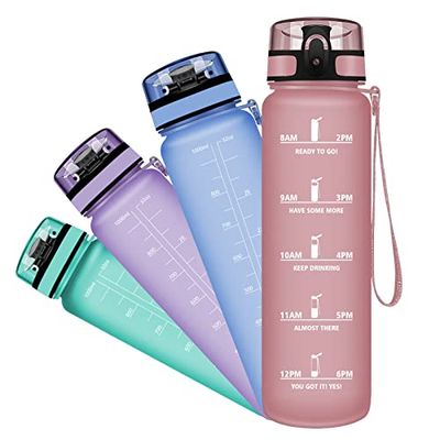 Grsta Bottiglia Acqua, Borraccia Sportiva 350ml/500ml/800ml/1l/1500ml, Bottiglia a Prova di Perdite Senza BPA, Borracce con Filtro e Indicatore del Tempo per Bambini, Scuola, Campeggio, Ciclismo