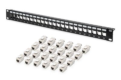 DIGITUS Set: Panneau de Brassage - modulaire - 19 Pouces - 24 Ports - blindé - Montage en Rack 1U - Noir - avec 24x Module Keystone Cat6A