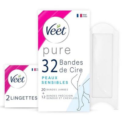 VEET PURE - Set di 32 strisce di cera fredda di precisione per gamba, ginocchio e caviglia, per pelli sensibili, consigliate dai dermatologi - Epilazione a lunga durata